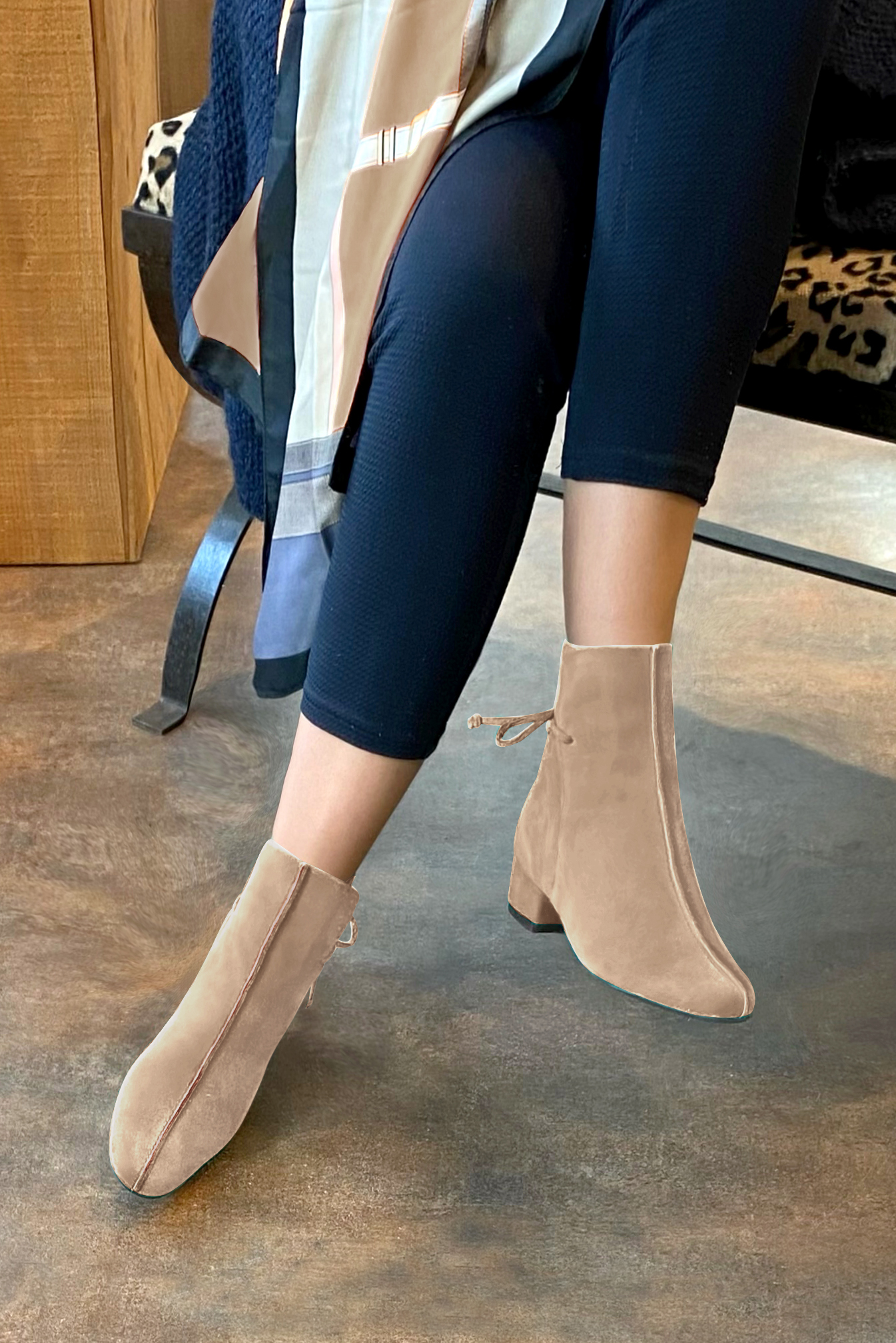 Tan beige women's ankle boots with laces at the back. Round toe. Low block heels. Worn view - Florence KOOIJMAN